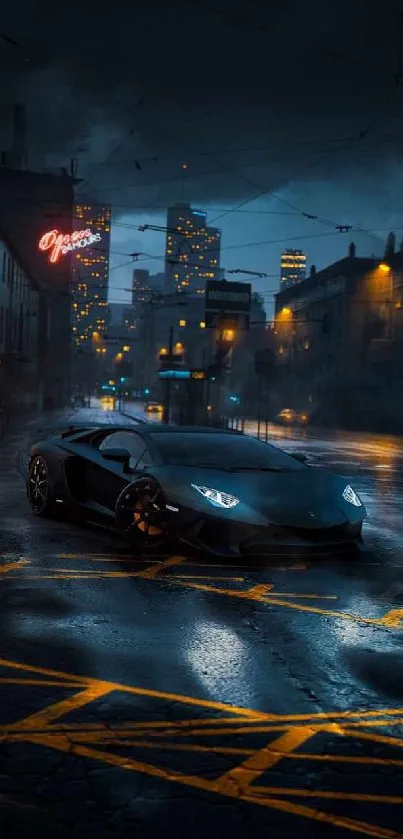 Luxury sports car on a dark, rainy city street at night with glowing lights.