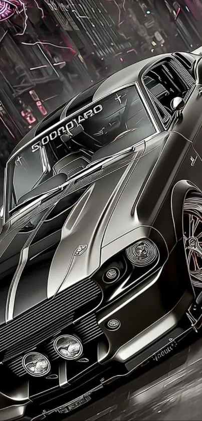 Sleek classic car with a futuristic urban background.