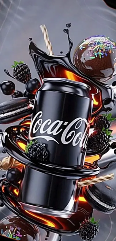 Coca-Cola can surrounded by digital splash art with gourmet elements.