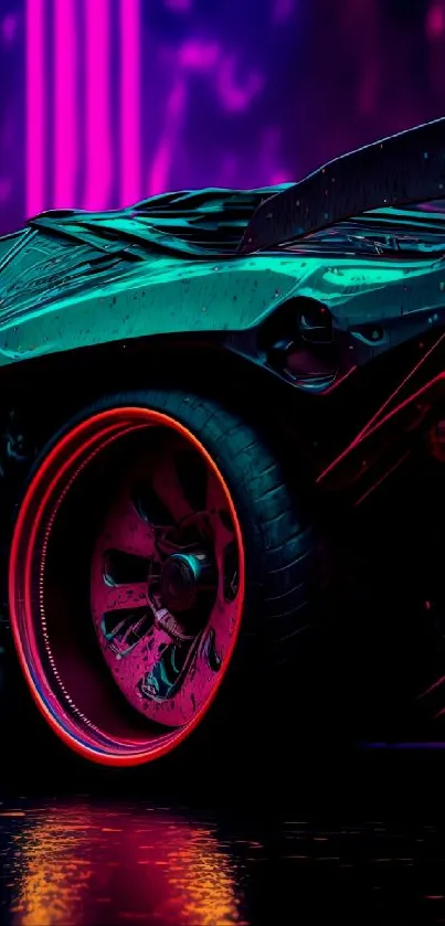 Sleek cyberpunk car with vibrant neon lights.