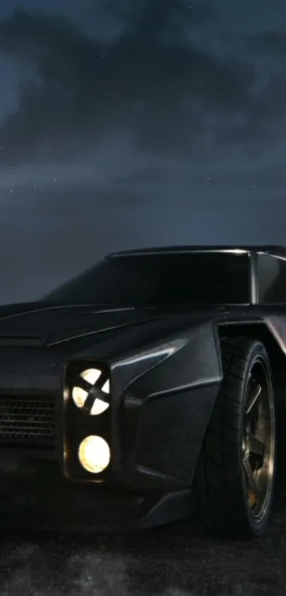 Futuristic dark car under a moody night sky.