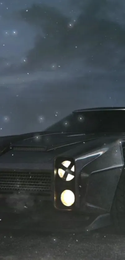 Elegant dark car under a starry sky.