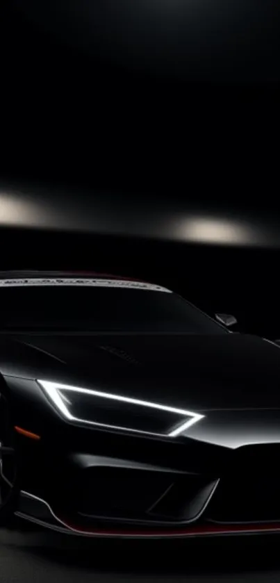 Sleek dark sports car with illuminated headlights in a modern design background.