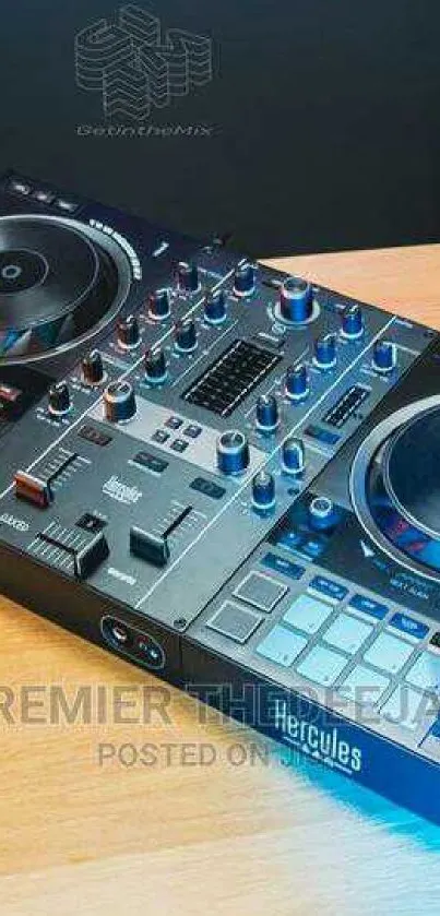 Artistic DJ controller on wooden desk wallpaper.