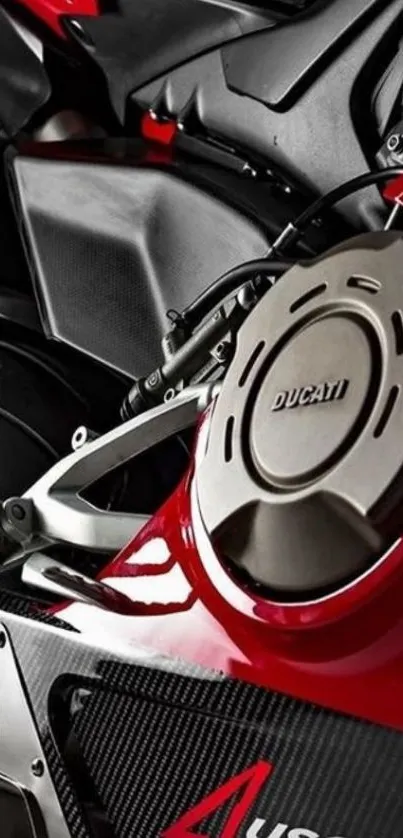 Close-up of a sleek Ducati motorcycle design showing engine and details.