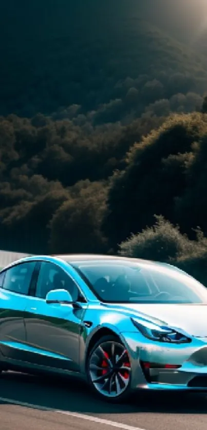 Sleek electric car on a scenic mountain road under sun.