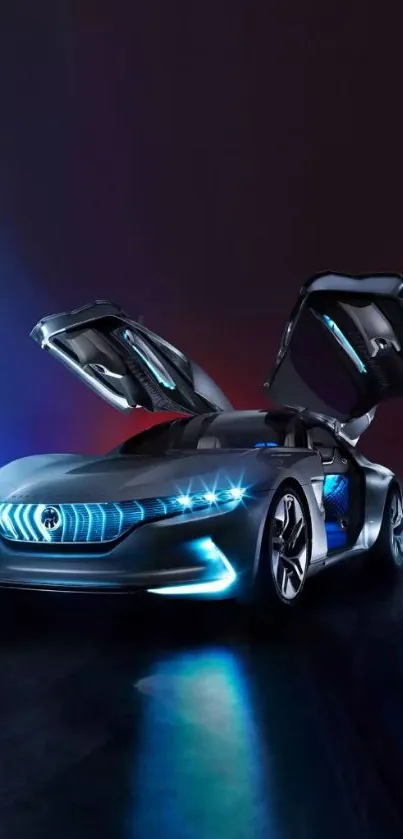 Futuristic electric car with neon lights on dark background.