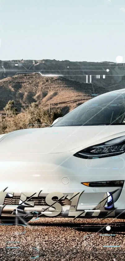 White Tesla car with mountain backdrop in mobile wallpaper.