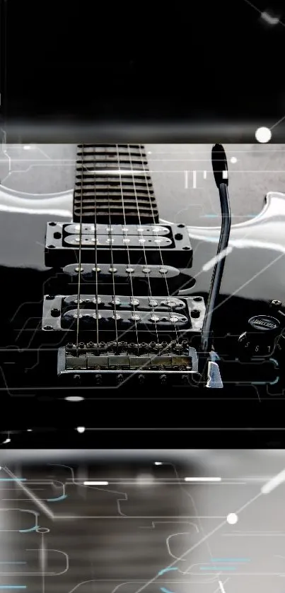 Close-up of a sleek electric guitar with a modern tech design on black background.