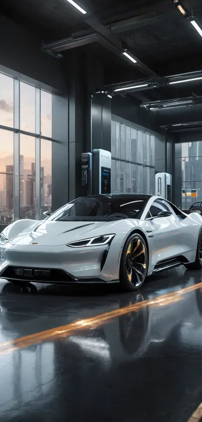 Electric sports car in futuristic garage with city view.