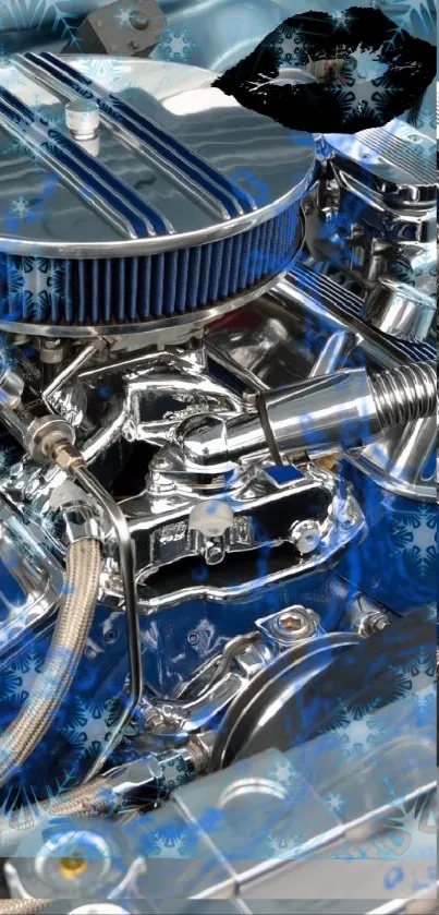 Mobile wallpaper featuring a chromed engine with blue highlights.