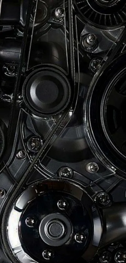 Close-up view of engine gears on mobile wallpaper in black tones.