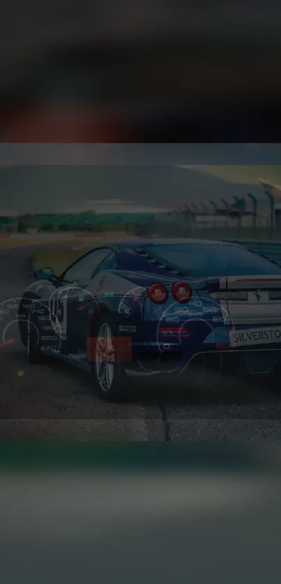 Sleek dark blue Ferrari racing on track at dusk with speedometer overlay.