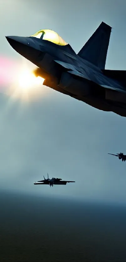 Fighter jet flying against a dramatic sky, emitting a trail of light.