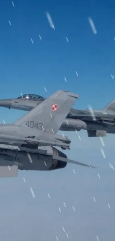 Two fighter jets flying against a clear blue sky.