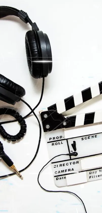 Minimalist wallpaper with headphones and clapperboard on white background.