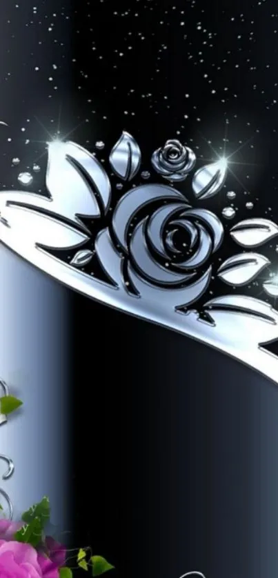 Sleek black and silver floral wallpaper for mobile.