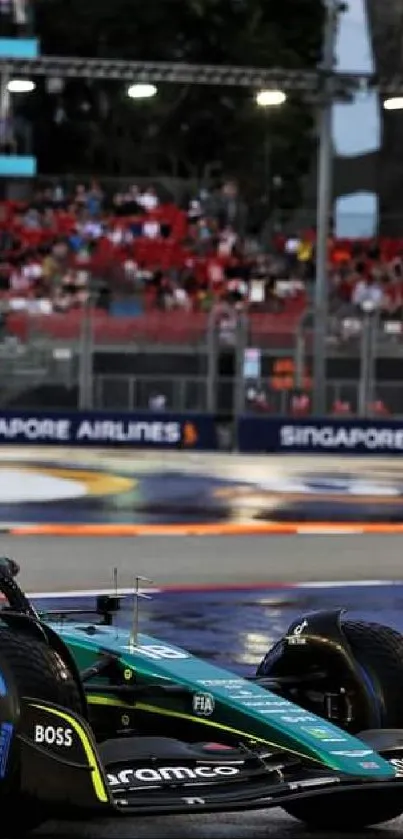 Formula 1 racecar speeding on a wet track with cheering fans in the background.