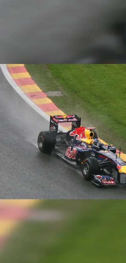 Exciting Red Bull Formula 1 car on a wet racing track.