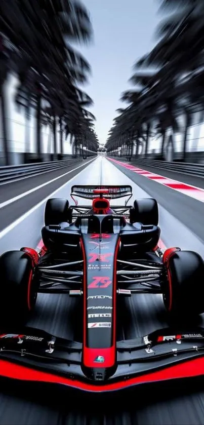 Sleek Formula 1 car racing on a track with blurred background.