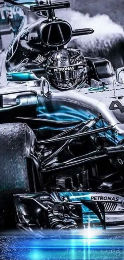 Dynamic Formula 1 car racing on track with metallic silver and blue highlights.
