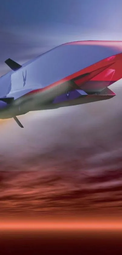 Futuristic aircraft soaring in sunset sky with vibrant colors.