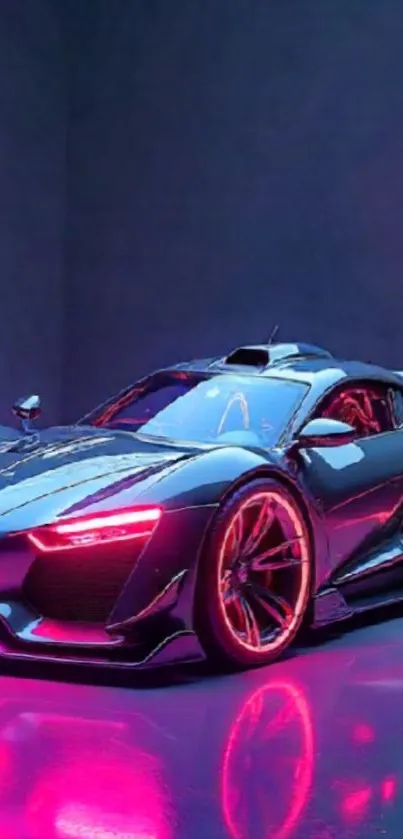 Futuristic car with neon lights reflection.