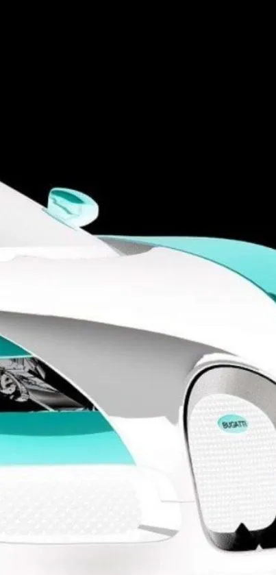 Futuristic car design with turquoise details on a black background.