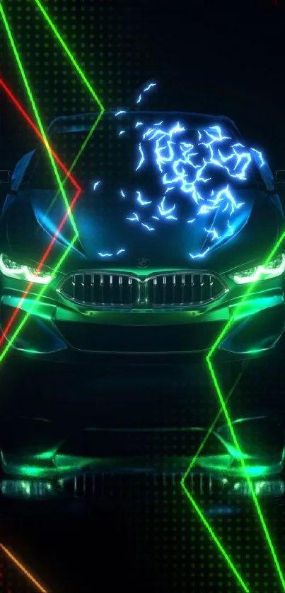 Futuristic car with green headlights in darkness.