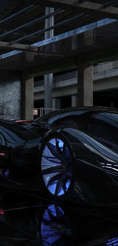 Futuristic car with neon accents in a dim garage.