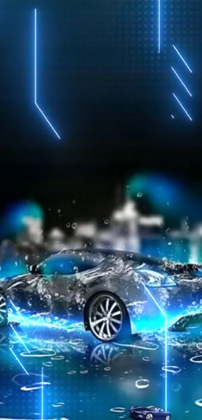 Futuristic car with neon blue lights and reflections.