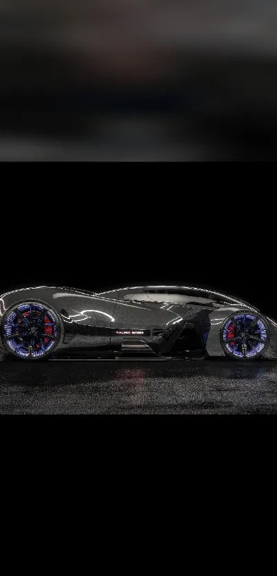 Futuristic sports car with neon wheels on a dark background.