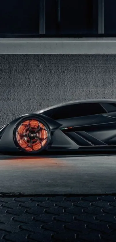 Futuristic car with glowing wheels in a dark setting.