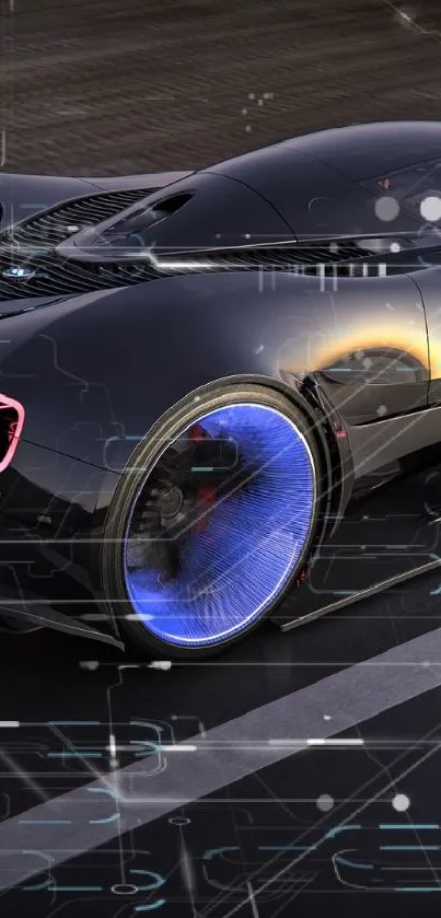 Futuristic sports car with glowing wheels on a road at night.