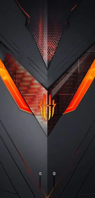 Futuristic wallpaper with orange geometric design and dark background.