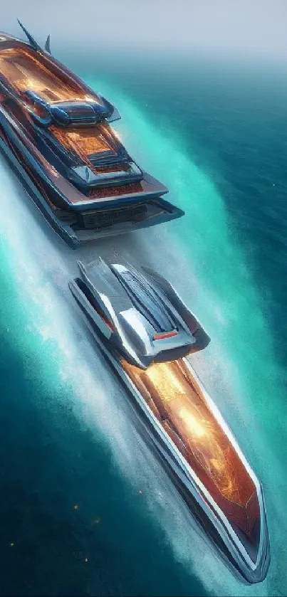 Futuristic yacht cruising in blue ocean on mobile wallpaper.