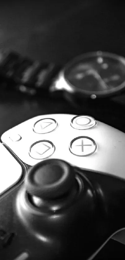 Black and white gaming controller with watch in background.