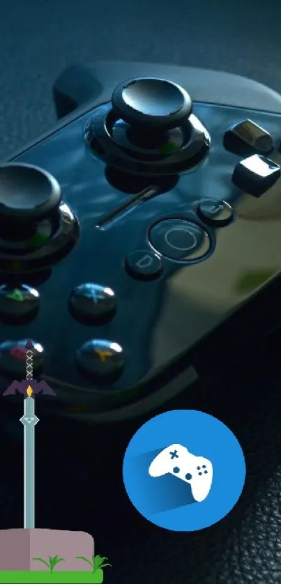 Sleek black gaming controller on textured surface.