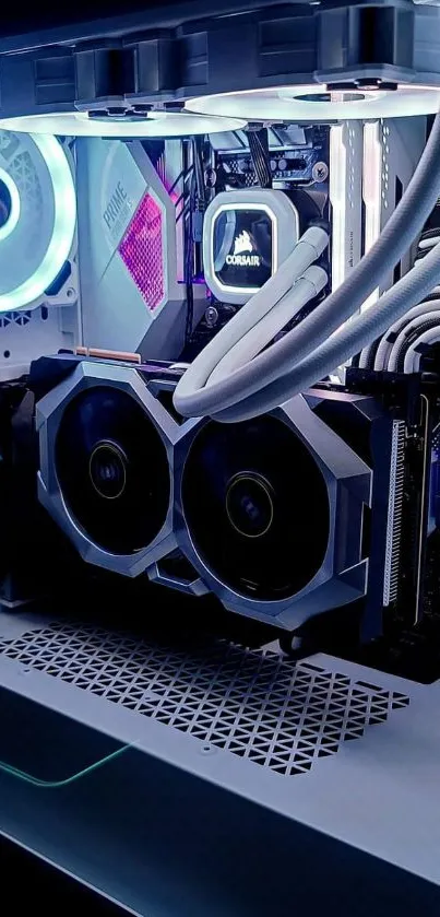 Sleek gaming PC setup with LED lights and advanced cooling.