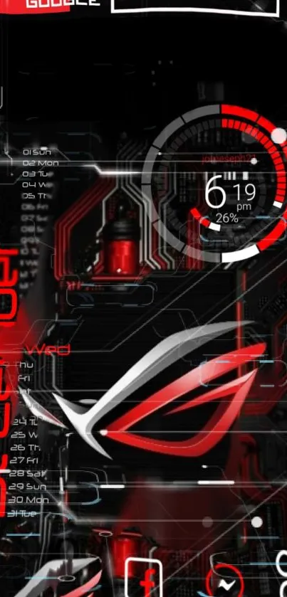 Futuristic black and red gaming-themed wallpaper with sleek design elements.