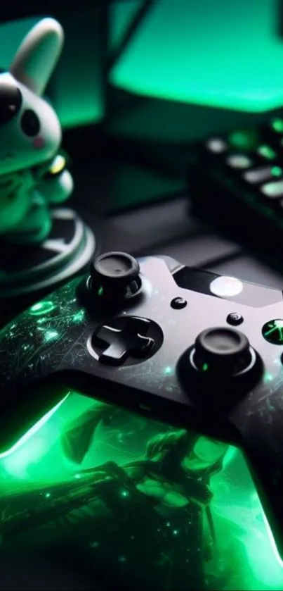 Futuristic gaming setup with glowing game controller.