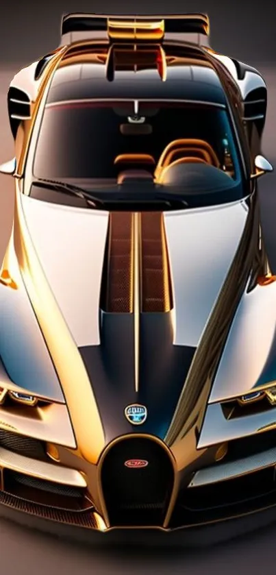 Luxurious gold sports car on a sleek black background.