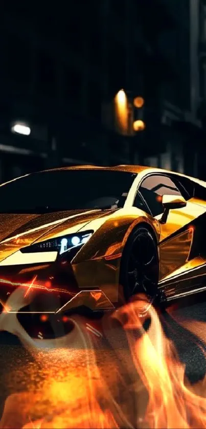 Sleek gold sports car on a dimly lit street at night.