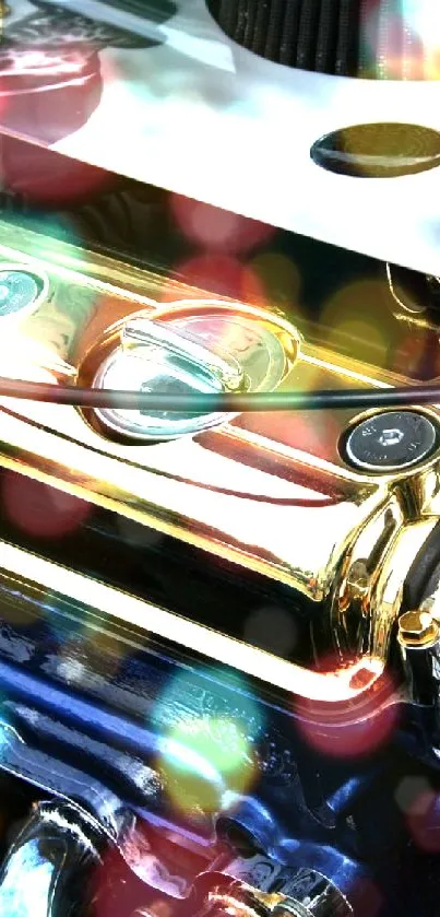 Golden engine with chrome details on a mobile wallpaper.