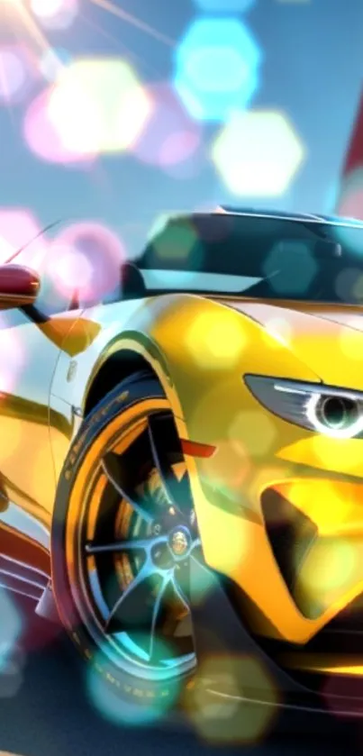 Golden sports car with vibrant lights.