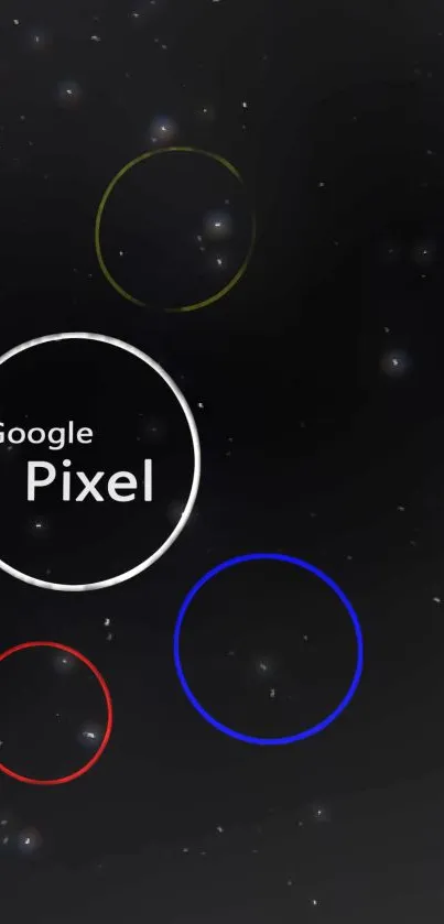 Google Pixel wallpaper with cosmic circles on black background.