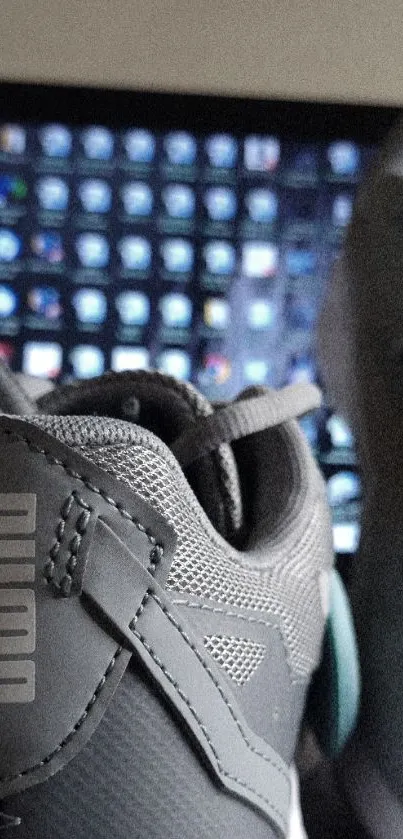 Close-up of gray sneakers with digital background.