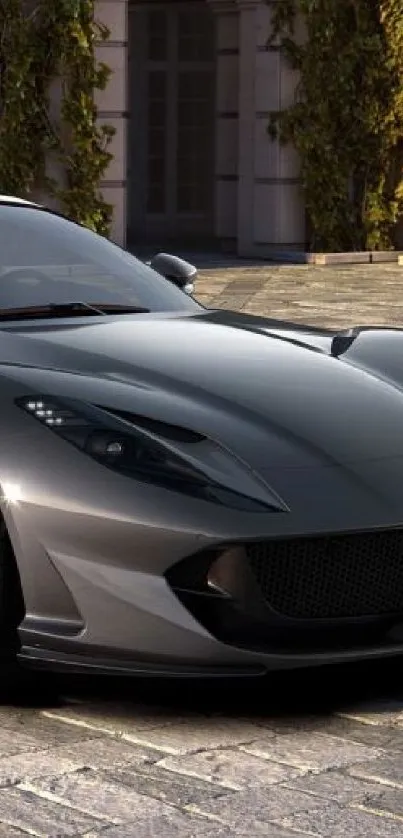 Elegant gray sports car parked outdoors.