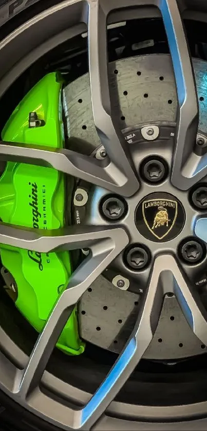 Lamborghini green ceramic brake caliper and wheel design.