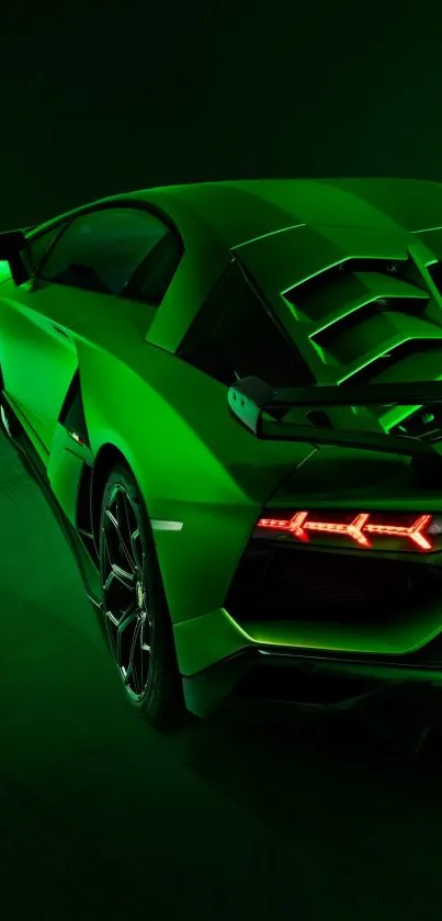 Green sports car with sleek, modern design on a dark background.